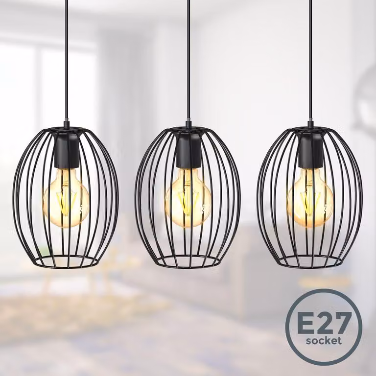 B.K.Licht Lampadario vintage, adatto per 3 lampadine E27 non incluse, largo 70cm, alto 112cm, lampada a sospensione con paralumi a filo, metallo nero
