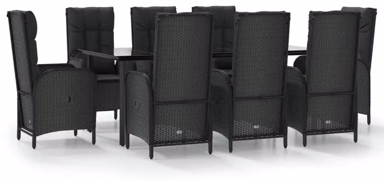 Set da giardino composto da 9 pezzi, colore nero, in rattan sintetico, con tavolo in vetro, dimensioni 200 cm