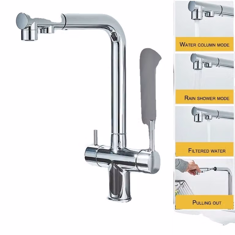 Rubinetto da cucina, doppia maniglia, funzione spray estraibile, cromato