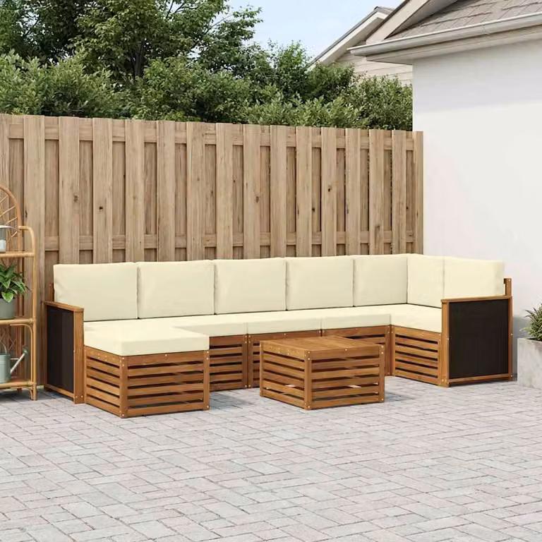 Set di divani da esterno vidaXL 7 pz in legno di acacia con cuscini beige e bianco per giardino e terrazza