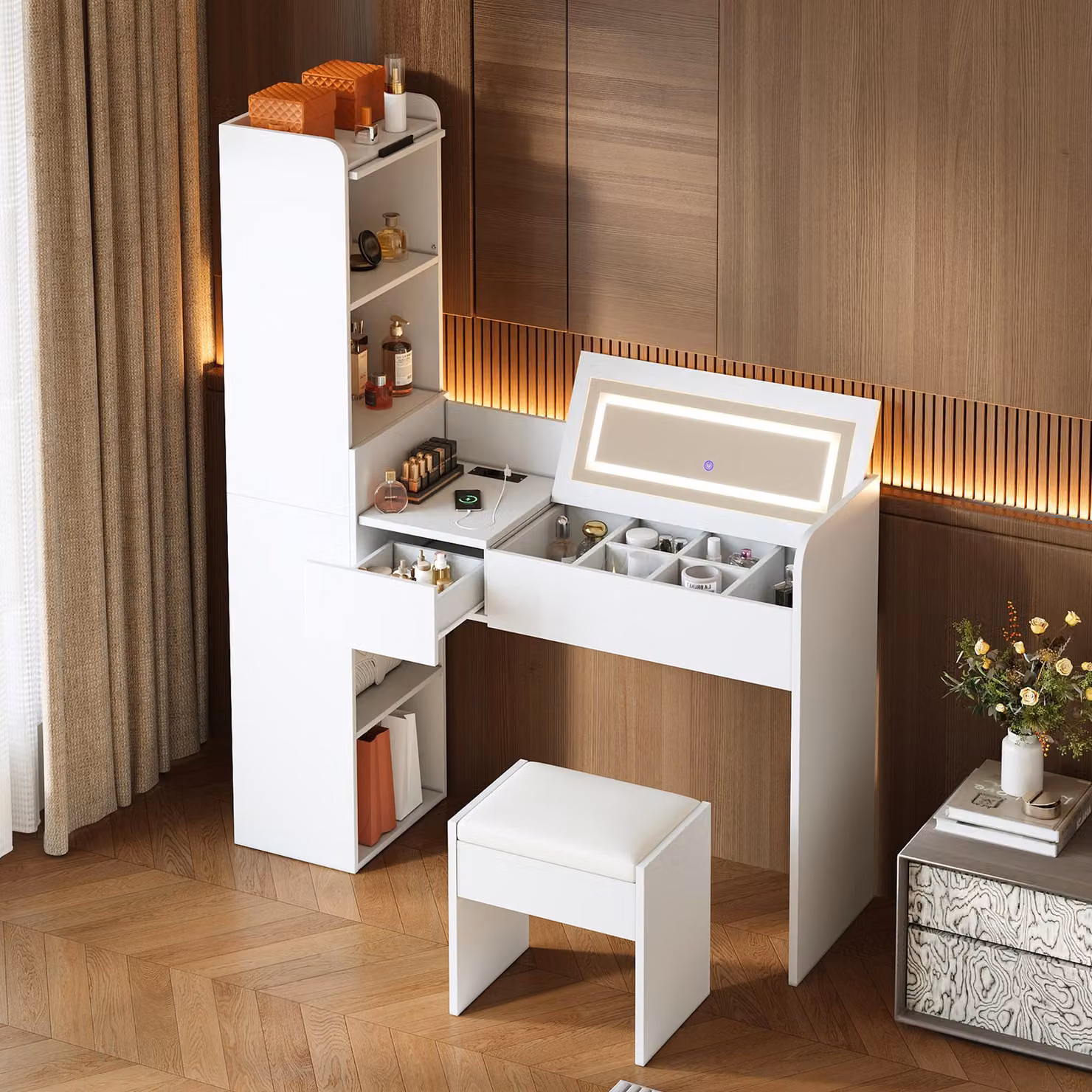 Tavolino da trucco MODFU con specchio a LED e porta USB, tavolo da trucco bianco con sgabello, comò da trucco con armadietto alto, cassetti e spazio contenitivo, dimensioni 131x40x160 cm