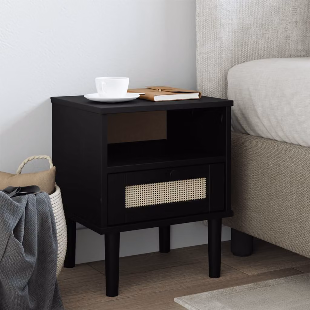 Comodino vidaXL SENJA in legno di pino con aspetto rattan, Nero, L 40 cm x P 35 cm x H 48 cm