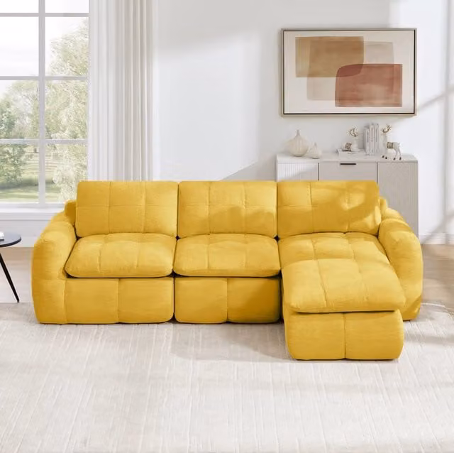 Divano modulare con ottomano in ciniglia; giallo; 264x160x68 cm