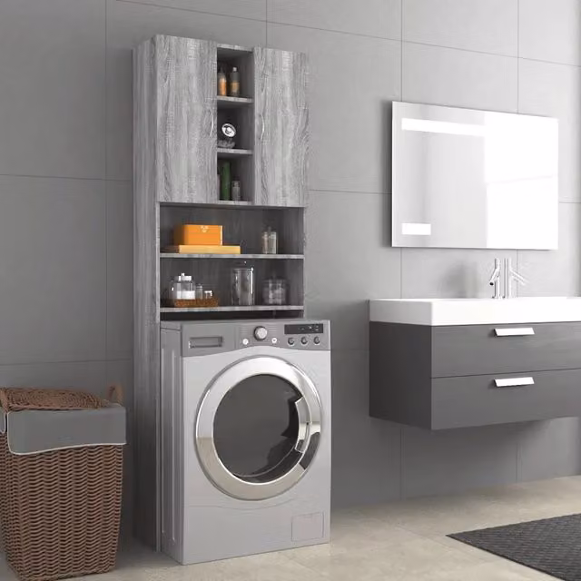 Mobile per lavatrice vidaXL Grigio Sonoma da appendere a parete con ante a battente e ripiani interni L: 64 cm, P: 25,5 cm, H: 190 cm