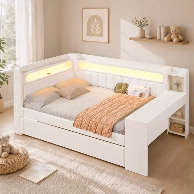 Letto da giorno imbottito 140x200 cm con letto estraibile 90x190; scrivania; LED e USB; bianco