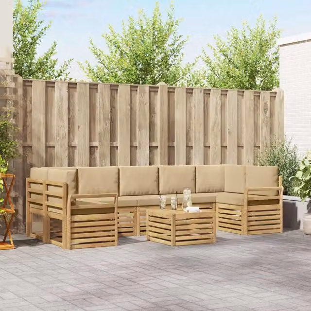 Set di divani da esterno vidaXL a forma di L con tavolo da caffè, in legno di acacia e tessuto beige e bianco resistente ai raggi UV, composto da 8 pezzi