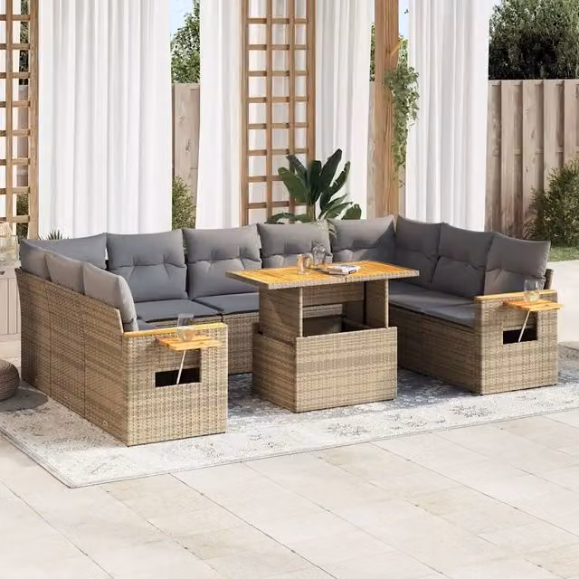 Set da giardino a forma di U vidaXL composto da 10 pezzi in polyrattan e legno di acacia con cuscini beige e tavolino da esterno – 1