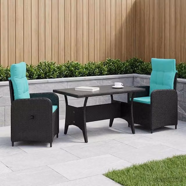 Set da pranzo per esterni 3 pezzi vidaXL in polyrattan nero e turchese con tavolo rettangolare