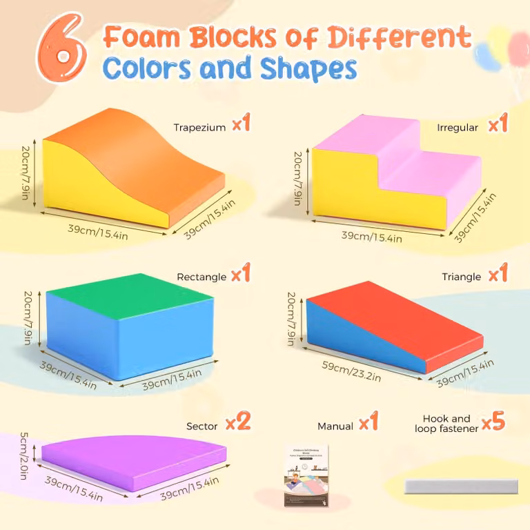 Area giochi indoor per bambini - Set di 6 blocchi da arrampicata in materiale morbido - Moduli gioco in schiuma - Adatto a bambini da 0 a 3 anni - Rivestimento in ecopelle - Colore: blu