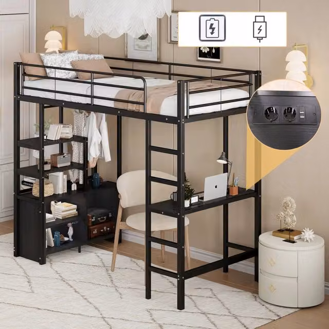 Letto a castello con scrivania e USB - Xylo - 90x200 - Nero