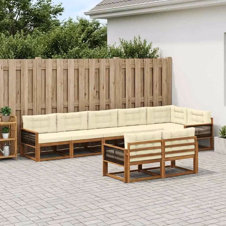 Set di divani da esterno vidaXL a forma di U composto da 8 pezzi in legno di acacia con cuscini beige e bianchi per giardino e terrazza