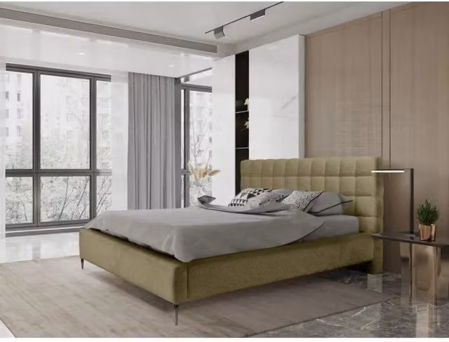 Letto MILLIO Meublorama color beige e verde in tessuto bouclé con rete inclusa L/P/H: 160 x 200 x 115 cm – 1