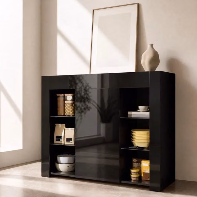Buffet moderno nero lucido con ripiani in vetro e anta L: 95 cm, P: 35 cm, H: 83 cm