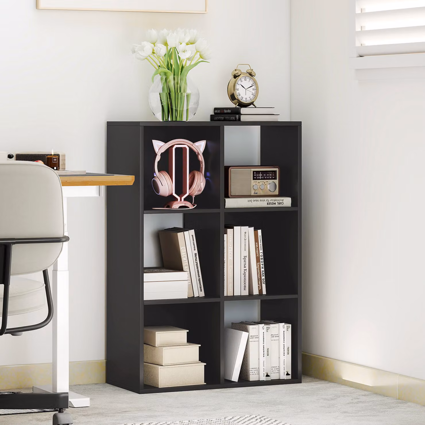Libreria a Cubi HOMCOM con 6 Ripiani in Legno dal Design Rustico e Moderno, Colore Nero, L: 61.5 cm, P: 29.5 cm, H: 91.5 cm – 2