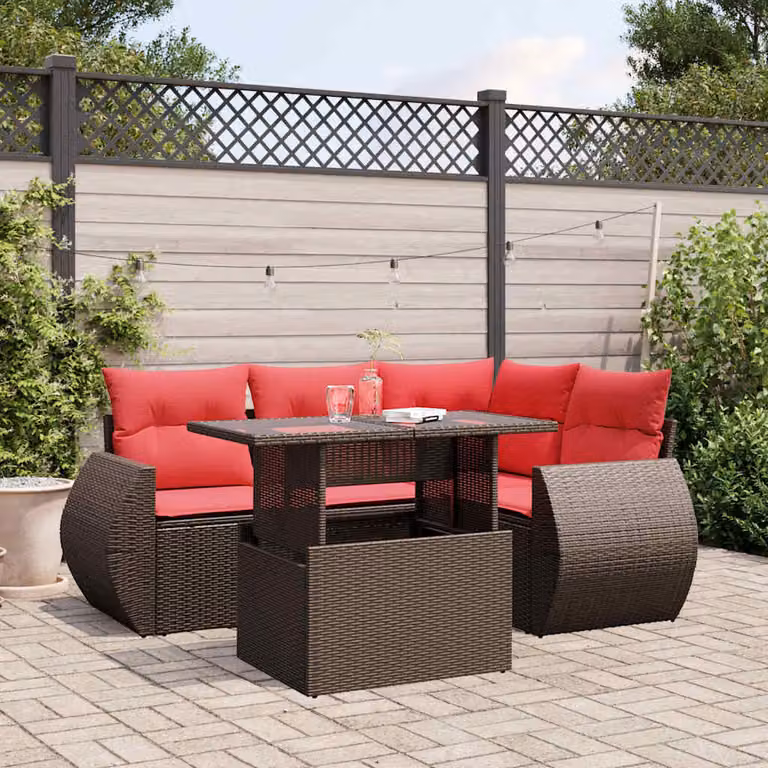 Set da giardino vidaXL in polyrattan marrone composto da 5 pezzi con cuscini imbottiti e tavolino da esterno