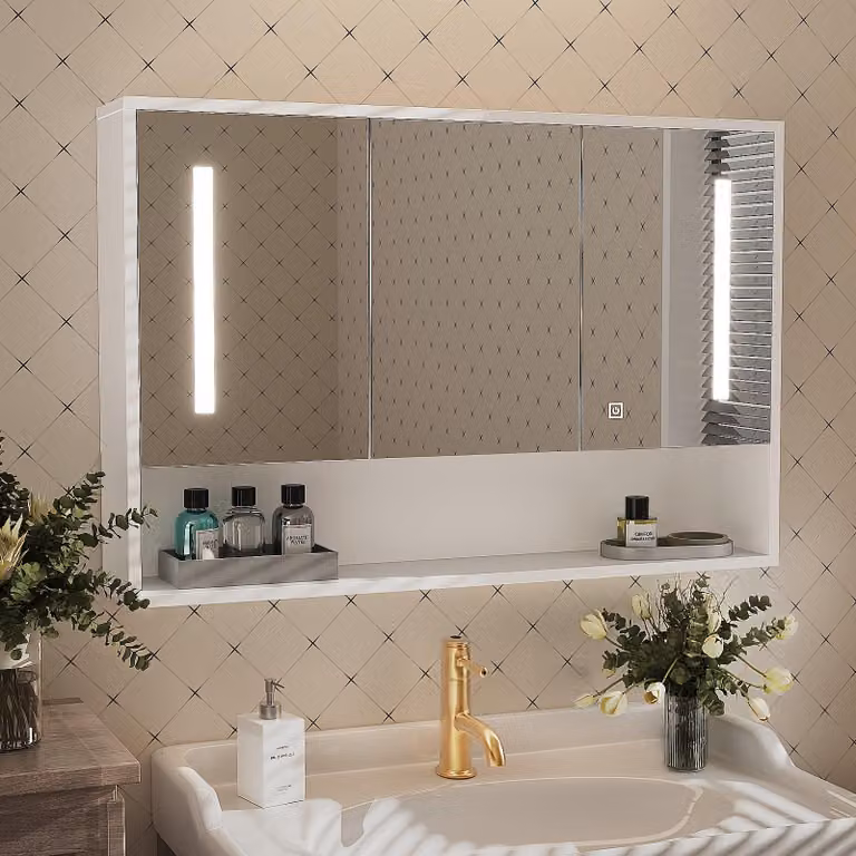 Mobiletto da bagno con armadietto – Cassetta porta medicinali in legno con sensore touch a LED e alimentazione USB – 3 ante e specchio
