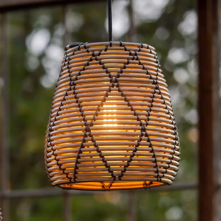 PR Home Lollo lampada a sospensione da esterno, look rattan naturale, Ø 28, Marrone / Ruggine, Plastica
