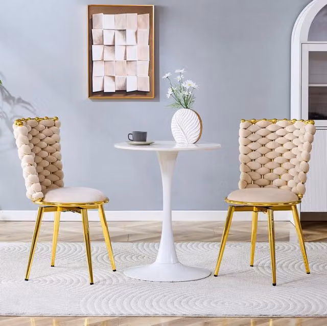 Set di 2 sedie da pranzo beige in velluto, gambe in metallo dorato, stile moderno