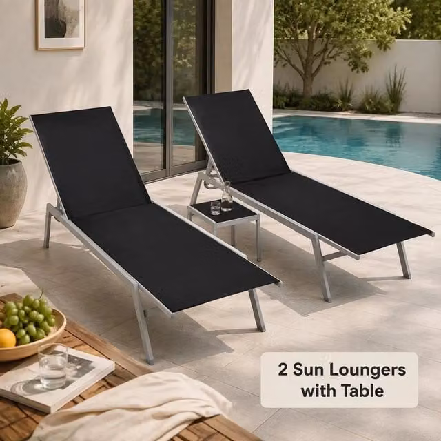 Outdoor Garden Furniture Set 2 Piece With Side Table, Steel Frame Textile Fabric Black Lounge Chair, Patio Balcony Relaxing Combination