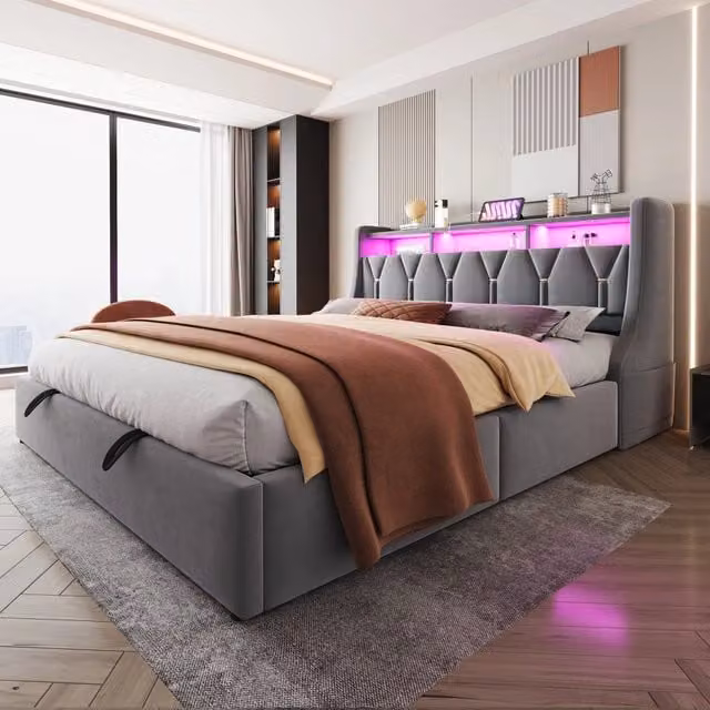 Letto matrimoniale 180 × 200 cm con vano idraulico, LED, USB e Tipo C, testiera con mensole, senza materasso, grigio