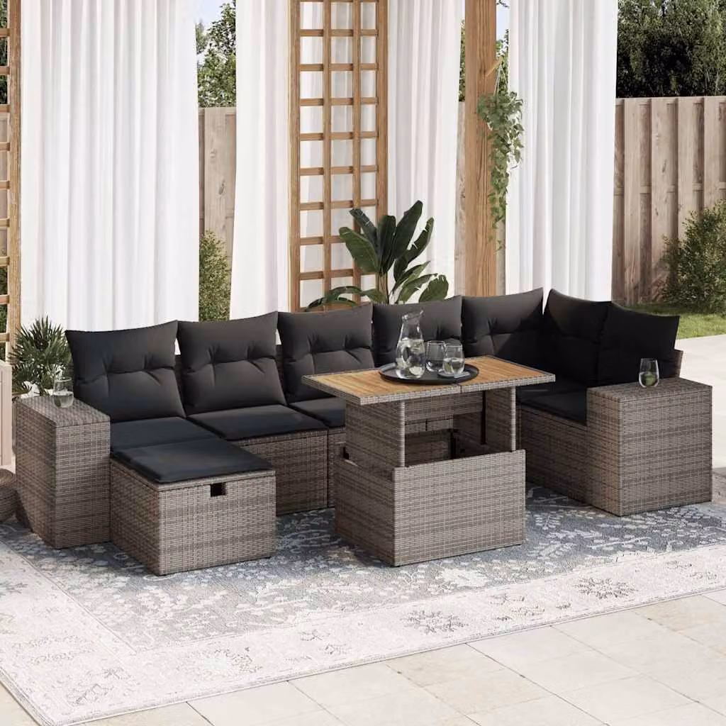Set Divano da Giardino vidaXL 5 Pezzi in Polyrattan e Legno di Acacia Grigio con Cuscini e Tavolino