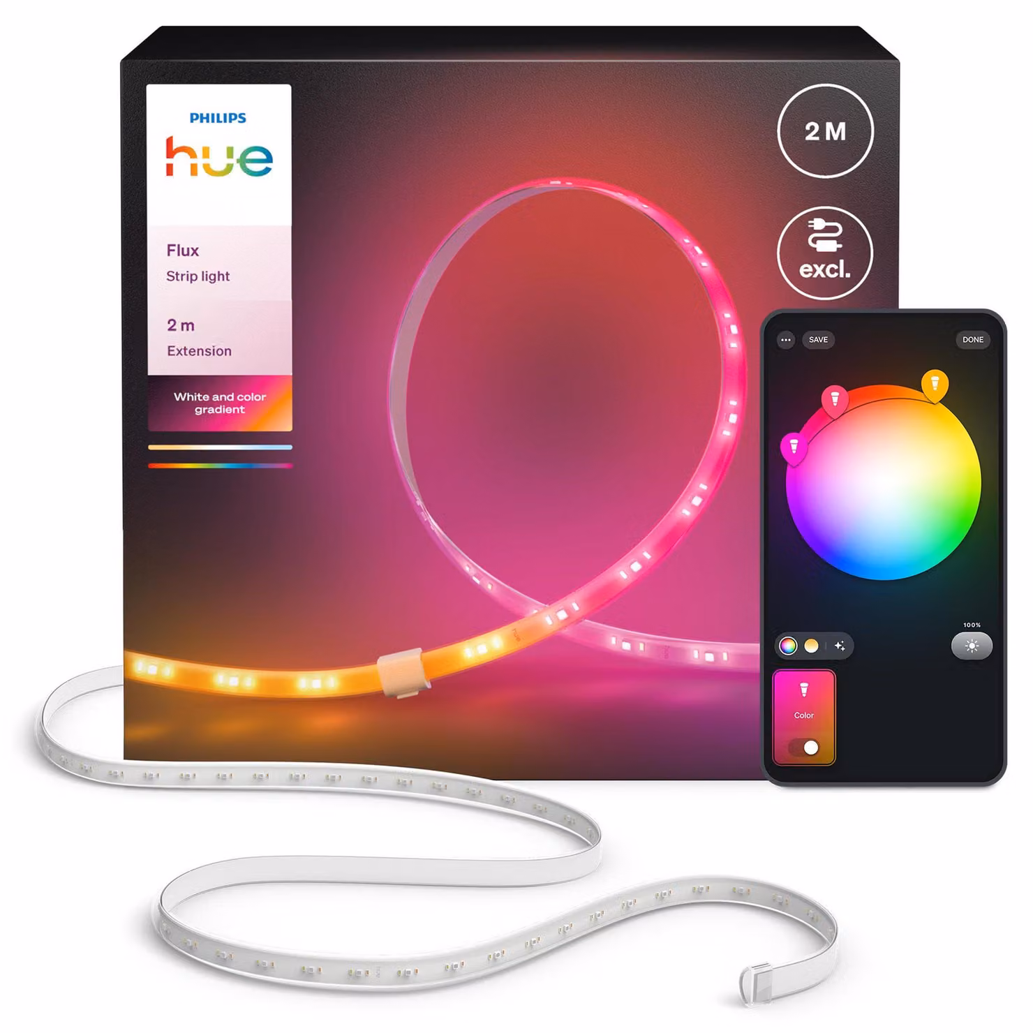 Philips Prolunga per striscia luminosa Hue Flux, 2 m, Striscia luminosa intelligente, Bluetooth/Zigbee, Bianco, Silicone, Altro, 19,5 W