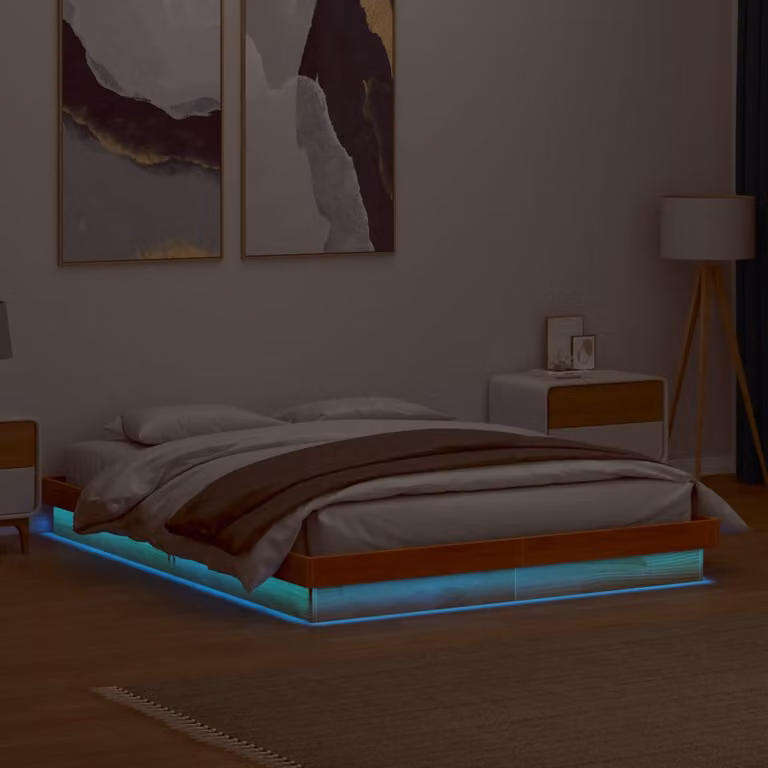 vidaXL Giroletto in Legno Massello di Pino Marrone Cera con Illuminazione LED e Porta USB L: 160 cm, P: 200 cm