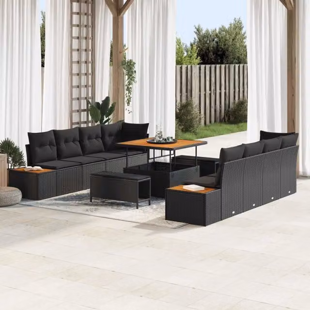 Set Divano da Giardino 11 Pezzi vidaXL in Polyrattan Nero con Cuscini e Tavolino