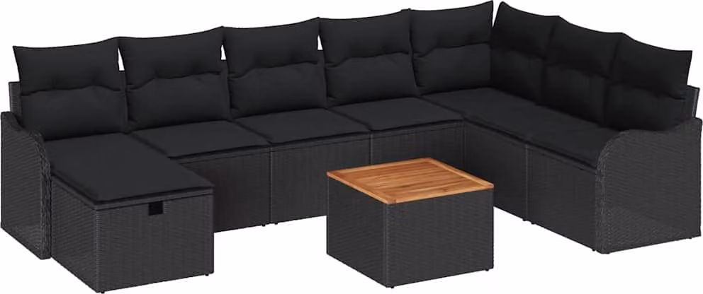 Set Divano da Giardino con cuscino 9 pcs Nero polyrattan