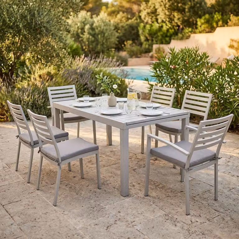 Milani Home - Set Tavolo Giardino Allungabile Rettangolare 160/240x90 Con 4 Sedie E 2 Poltrone In Alluminio Tortora Da Esterno - Tortora