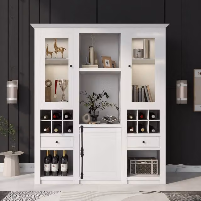 Vetrina Moderna Aosom con Illuminazione LED Multicolore, Porte in Vetro e Spazio Vino, Colore Bianco, L: 143 cm, P: 45,5 cm, H: 170 cm
