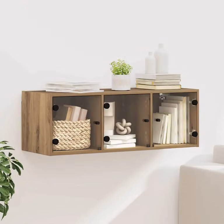 Armadietto a muro moderno vidaXL in legno e vetro marrone con ante in vetro, L 102 x P 37 x H 35 cm