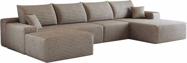 Divano modulare angolare senza braccioli 340 cm con chaise longue a L in tessuto di velluto a coste camel