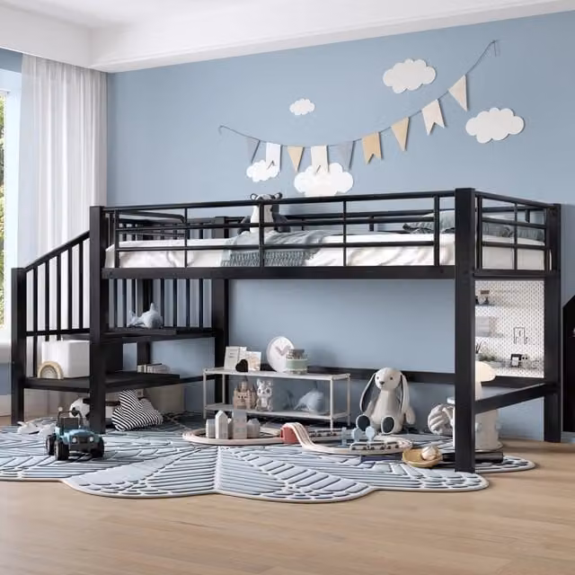 Letto a soppalco semi-alto con scala contenitore, 90x200 cm, nero
