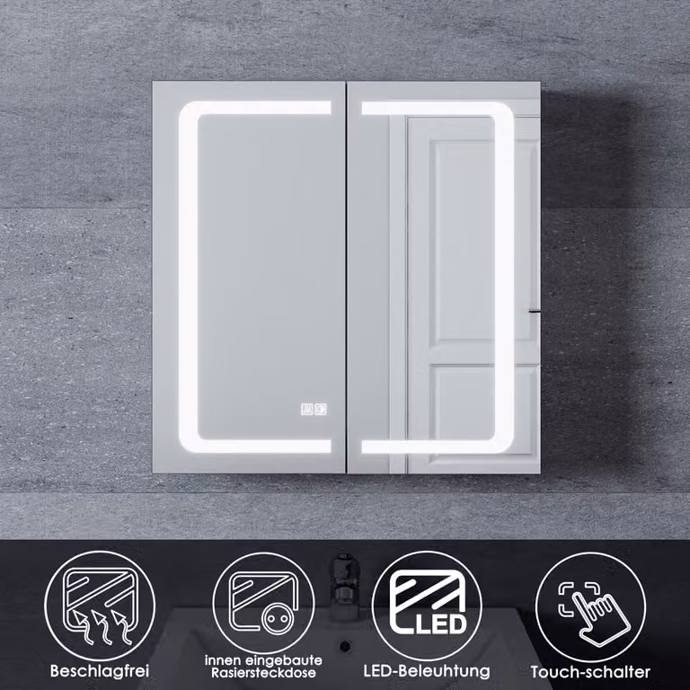 SONNI Alluminio 65x65cm Armadio a specchio senza nebbia con interruttore a sfioramento Illuminazione LED Cerniera senza fili con presa per rasoio