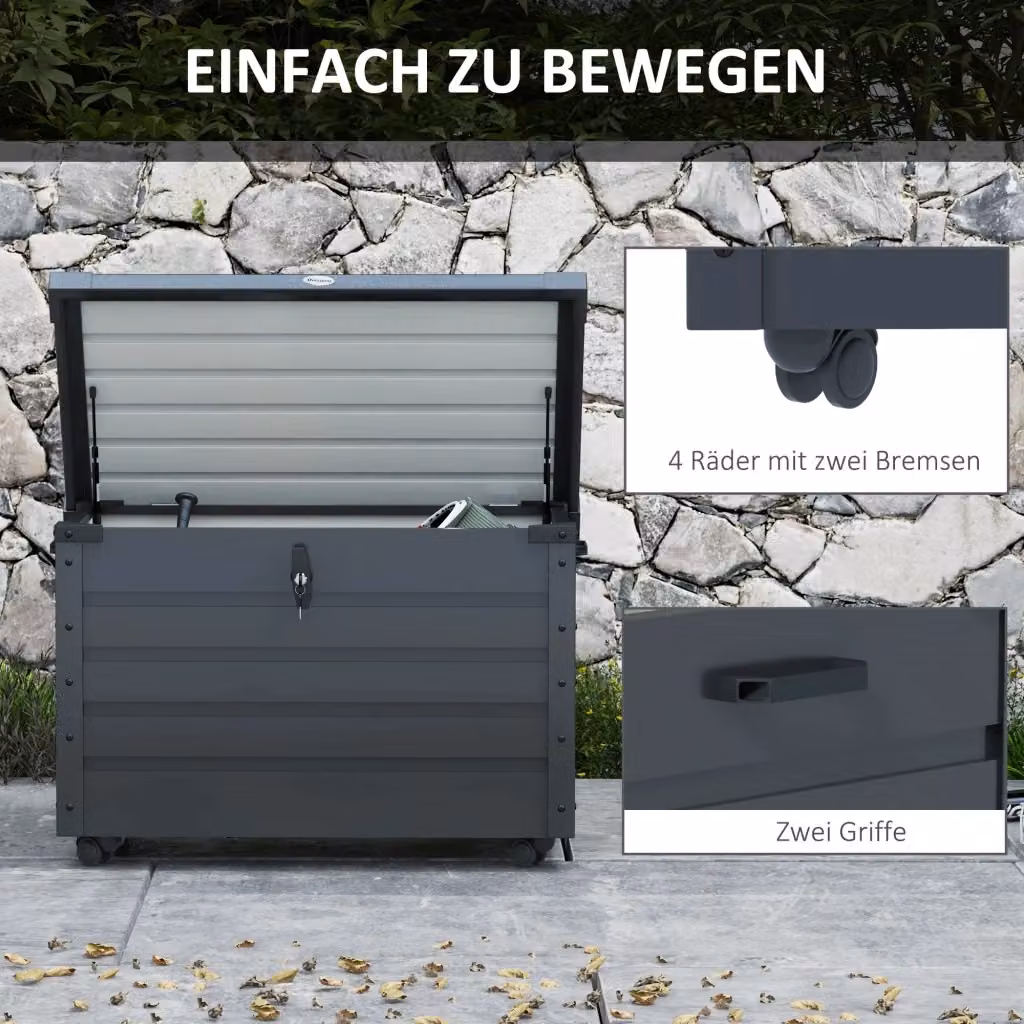 Baule da giardino OKWISH in metallo e plastica grigio antracite con ruote, freni e coperchio bloccabile per terrazza e balcone – 2