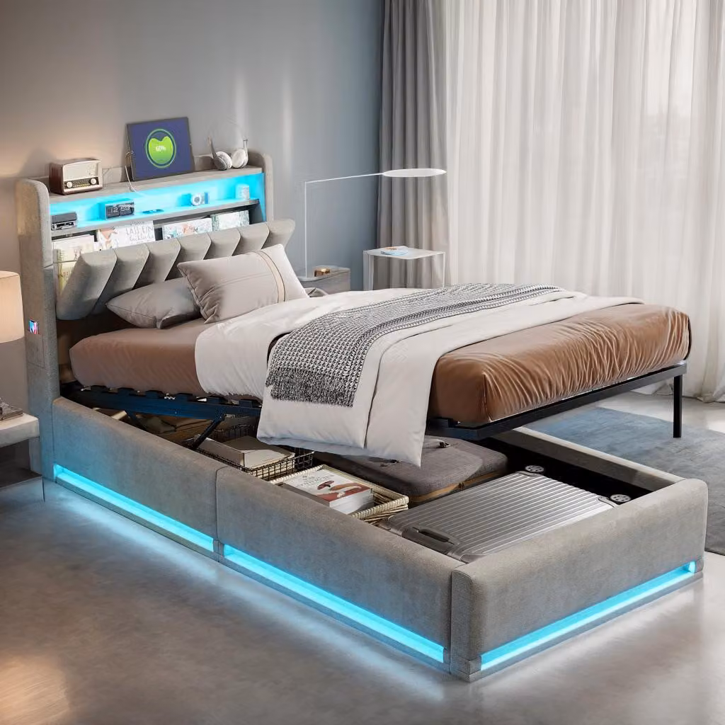 Letto imbottito INONEFT 90x200, letto moderno per giovani con LED e USB, letto con sistema di sollevamento idraulico e contenitore, rivestito in velluto grigio, senza materasso