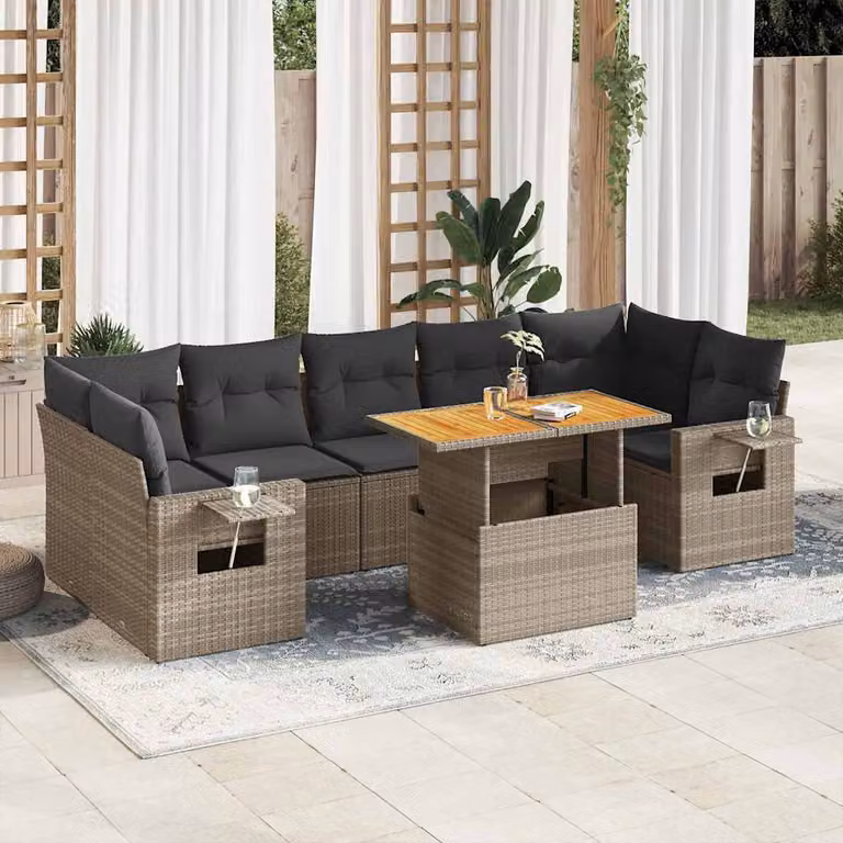 Set Divano da Giardino vidaXL 8 pz a L con Cuscini e Tavolino, Polyrattan e Legno di Acacia, Grigio