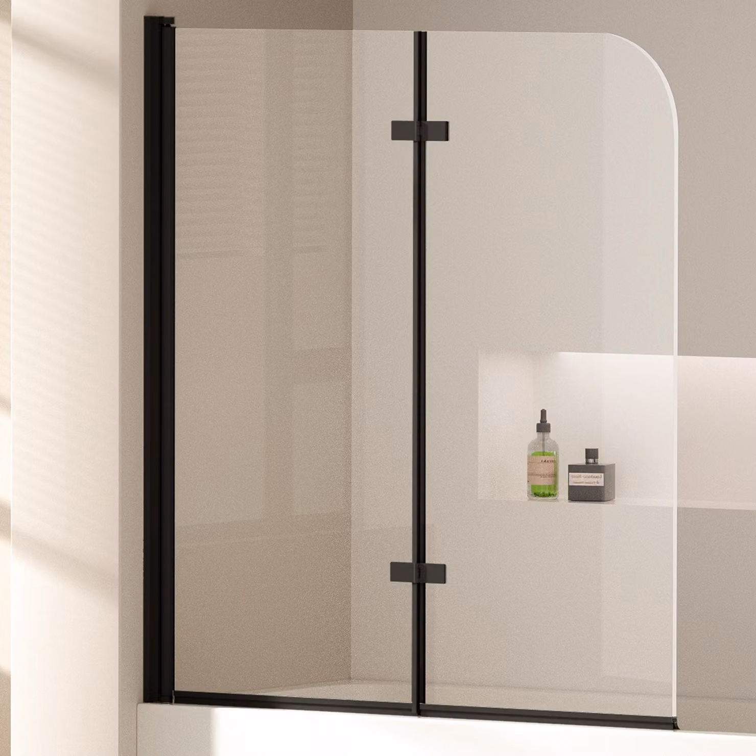 Cabina doccia EMKE 120x140cm, schermo da bagno pieghevole, attacco per vasca con cornice nera opaca, schermo doccia in VETRO NANO Easy Clean da 6mm