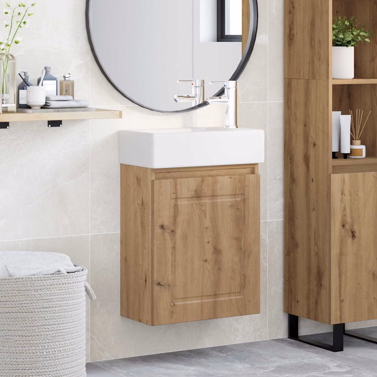 Mobile bagno moderno vidaXL con rubinetto, design a parete, bianco e marrone
