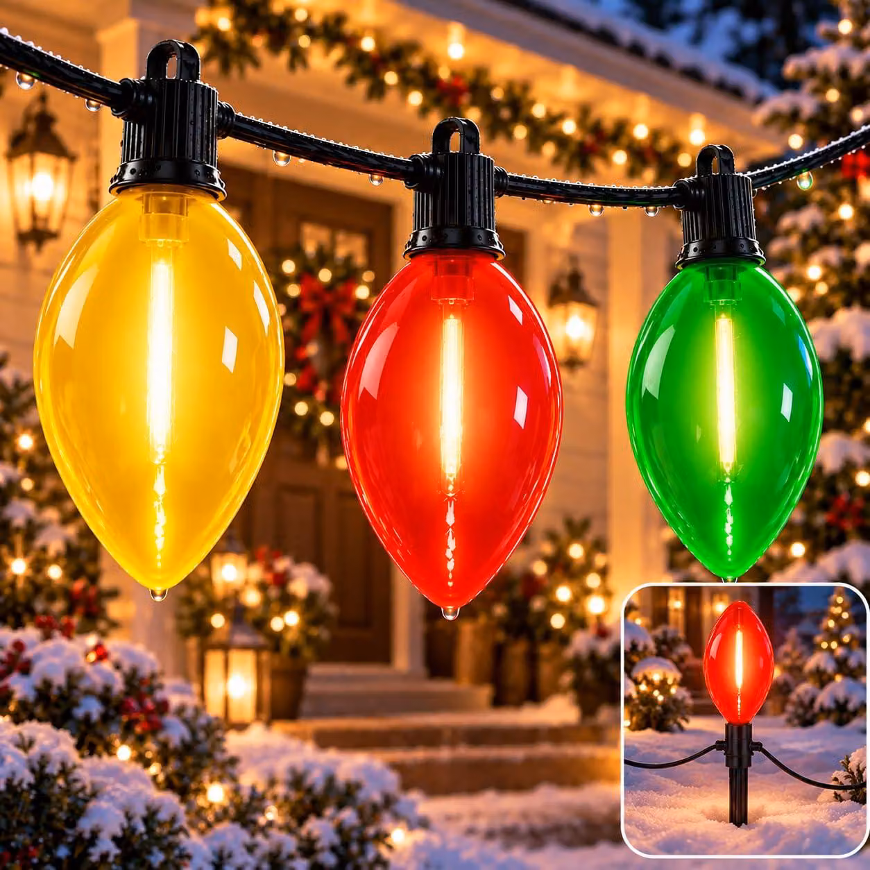 Catena luminosa a LED C9, grado di protezione IP65, 9 lampadine colorate, lunghezza 15,75 metri, con picchetto da terra