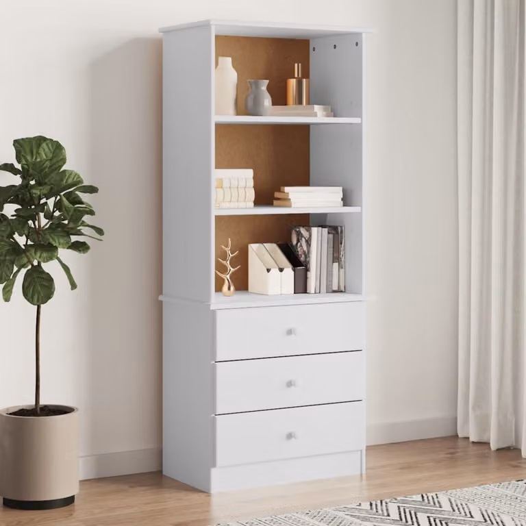 Libreria con Cassetti vidaXL in Legno di Pino Massello Bianca L: 60 cm, P: 35 cm, H: 142 cm