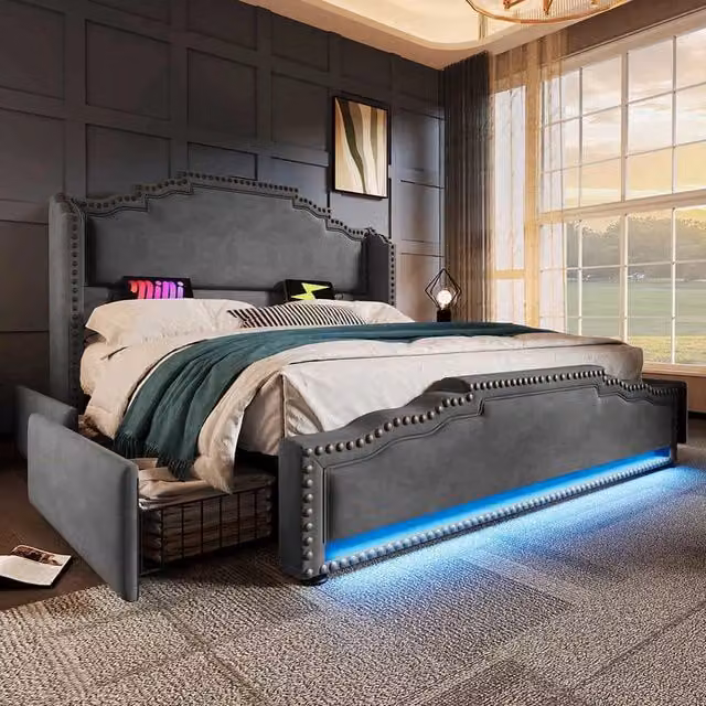 Letto matrimoniale-Xylo-160x200 cm-4 cassetti, LED, USB-C, velluto grigio, senza materasso