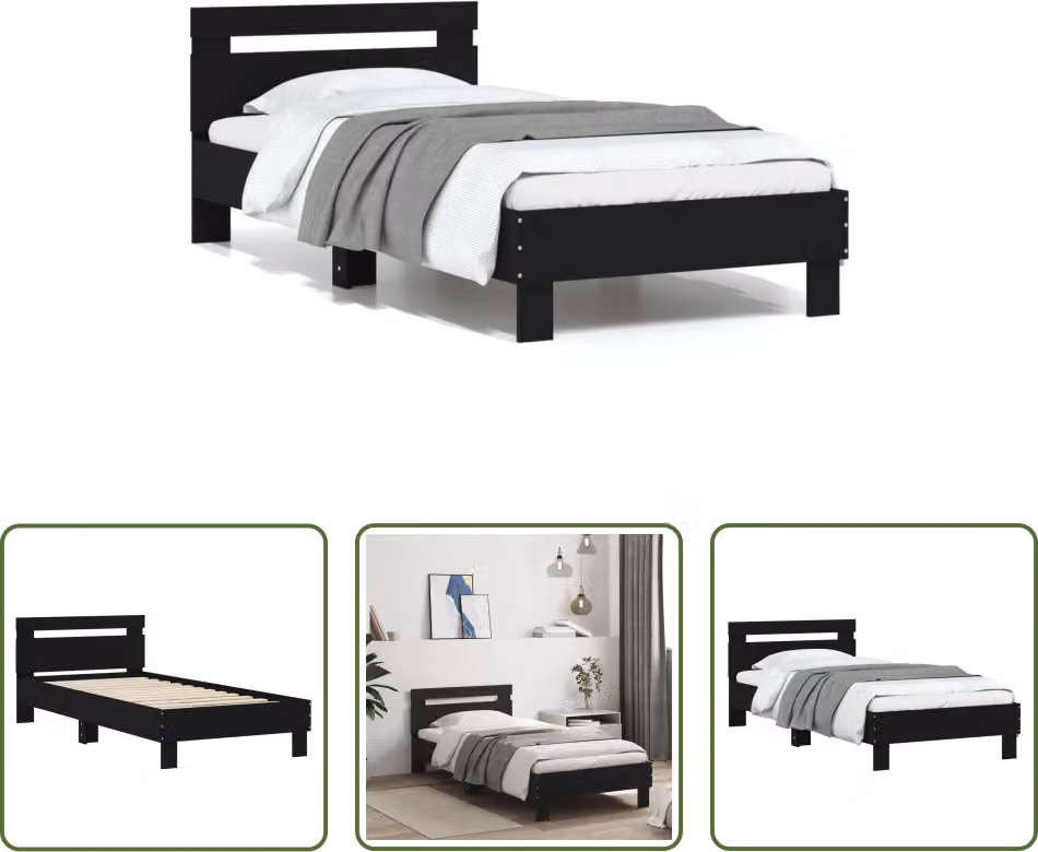 The Living Store Struttura letto con testiera nera 90x200 cm in materiale ligneo