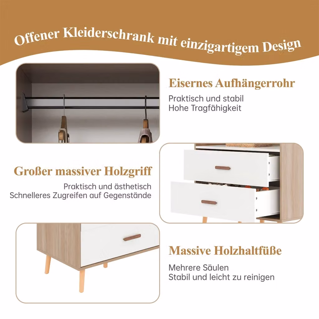 Armadio aperto REDOM con asta appendiabiti e 2 cassetti, stile scandinavo, Bianco/Naturale, L: 80 cm, P: 46 cm, H: 141,5 cm – 2