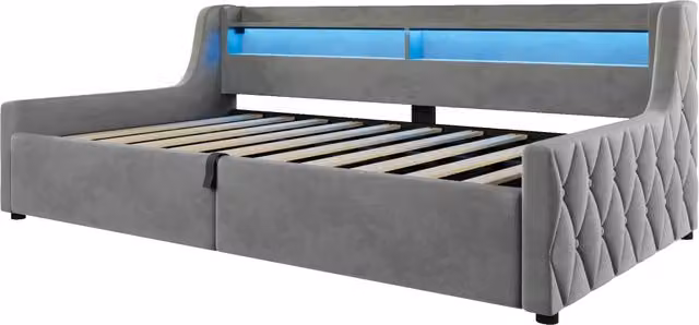 Letto singolo contenitore moderno in tessuto grigio con testiera illuminata a LED e luce da lettura, L/P/H: 90 x 200 x 105 cm – 1