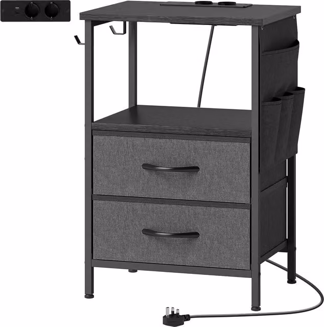 Tavolino da salotto e laterale HOMCOM con stazione di ricarica USB-C, struttura in acciaio e cassetti, Nero, L 40 cm x P 30 cm x H 60 cm