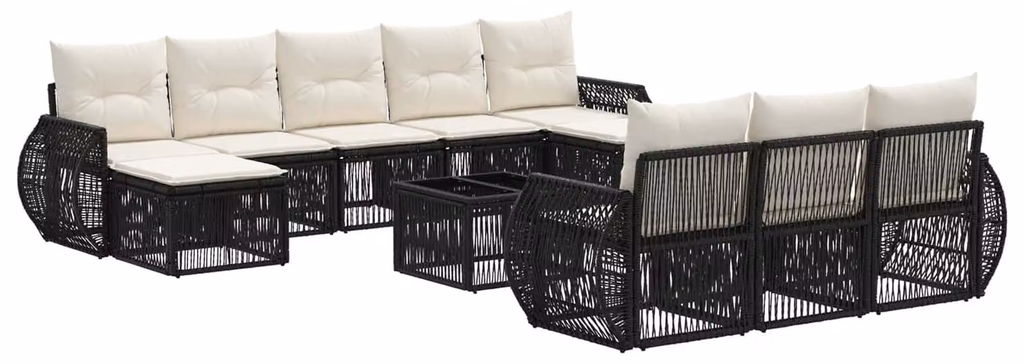 Set Divano da Giardino 11 pcs Nero e Bianco Crema polyrattan