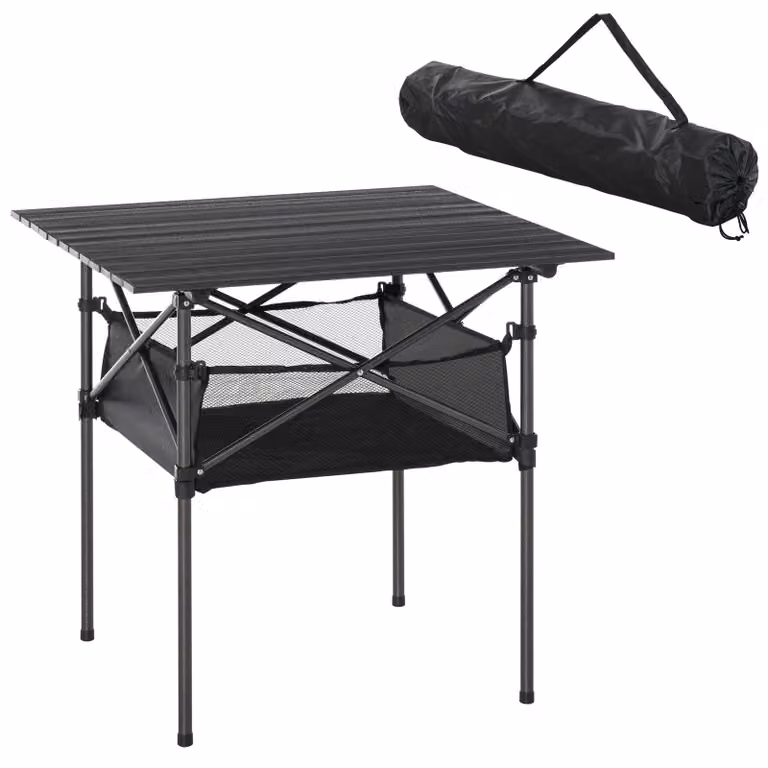 Tavolino pieghevole Moonbite per campeggio e mercati, con piano in alluminio arrotolabile, tasca a rete per lo stoccaggio, struttura verniciata a polvere, alluminio, colore grigio