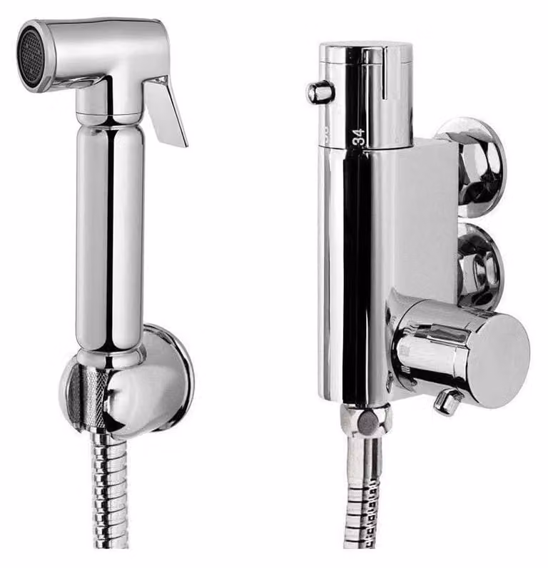 Doccia-bidet in ottone, con termostato, da montare a parete, finitura cromata